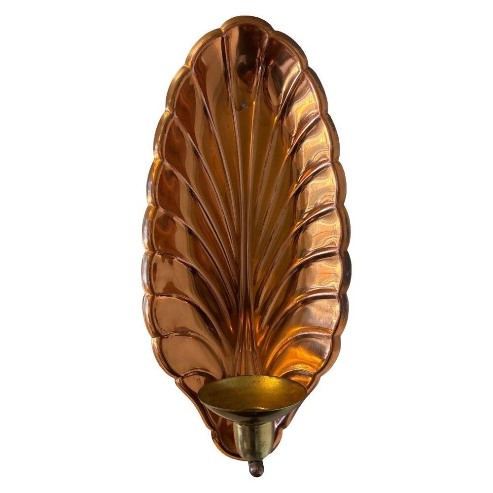 Coppercraft Guild Copper Brass Wall Candle Sconce Leaf Backplate Vintage 12 In